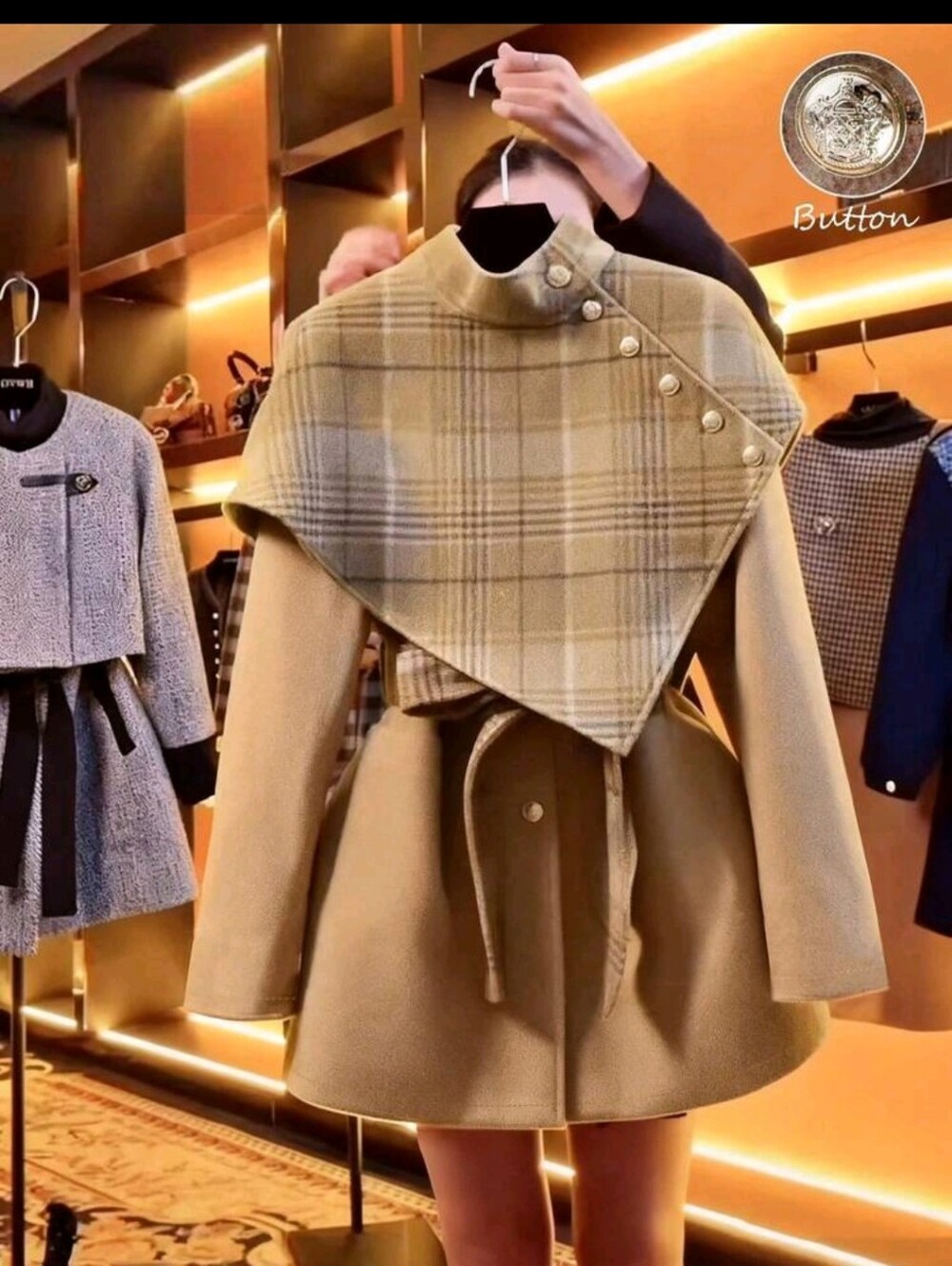 Women's Single-Breasted Plaid Woolen Cloak,Khaki Winter Elegant Safari O